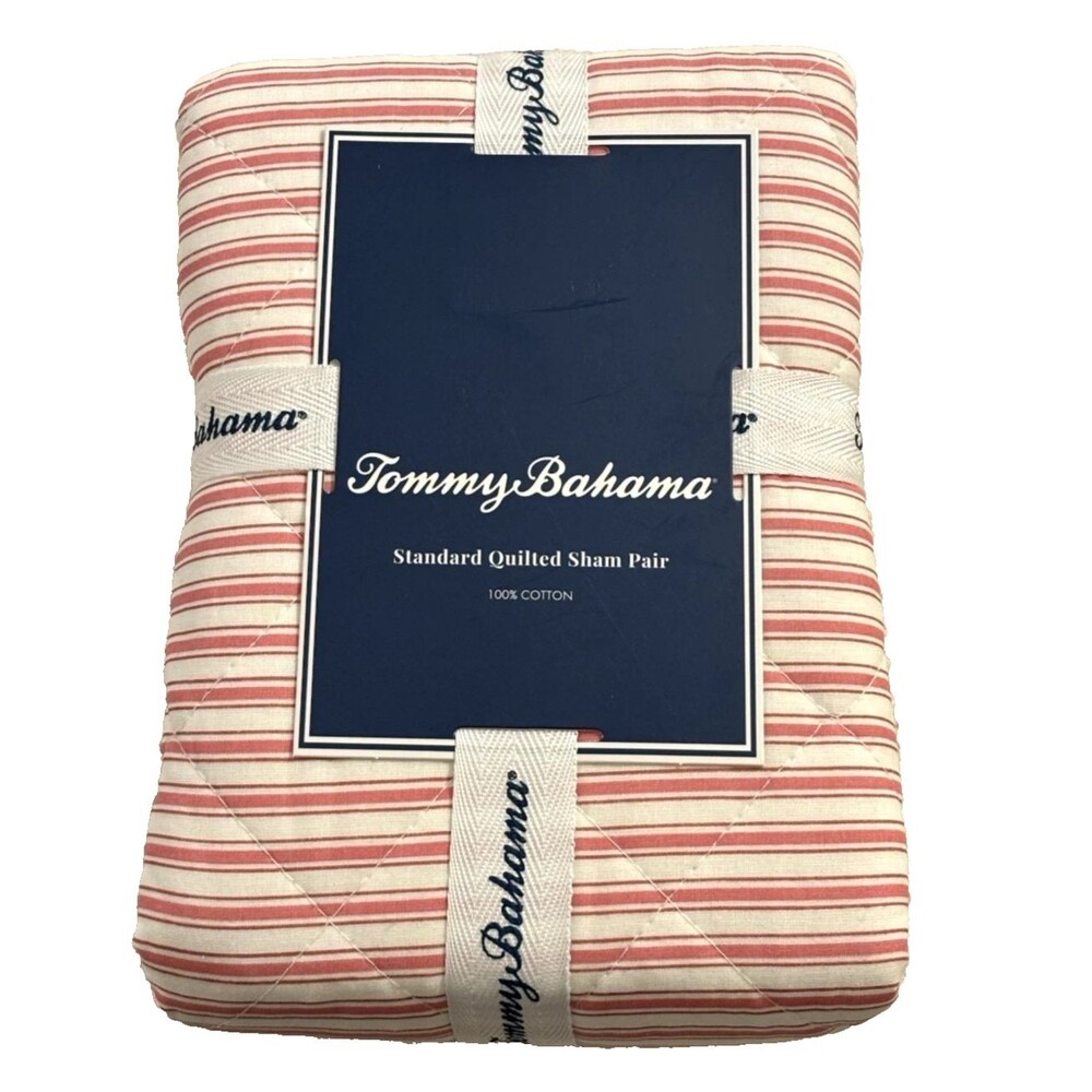 Tommy Bahama Standard Quilted Sham Set of 2 Makena Stripe Red Pink White Cotton